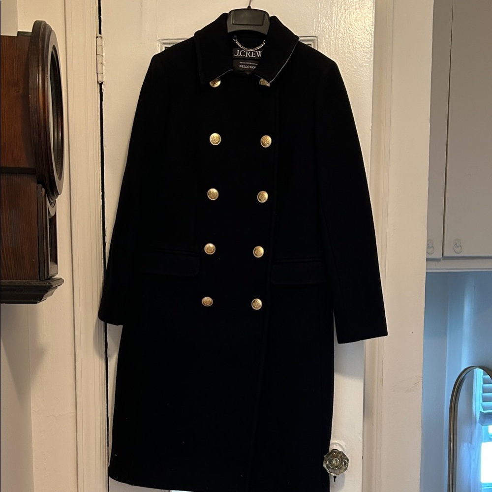 J. Crew Women's Elegant Warwick Black Top Coat with Gold Buttons
